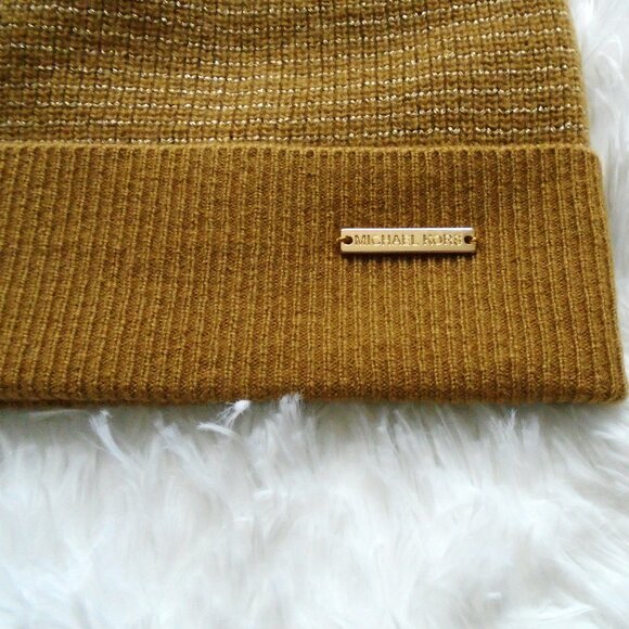 Michael Kors Metallic Wool Blend Beanie Dark Caramel Gold 1 Size
